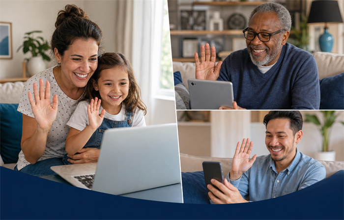 Families connecting through video calls from home
